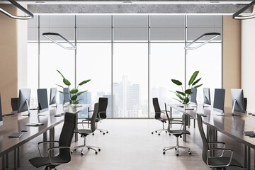 Poster - modern wooden and concrete coworking office interior with panoramic window and city view, furniture 