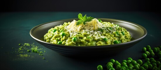 Poster - A bowl of homemade creamy green pea risotto photographed from above with plenty of space for text on the side. Creative banner. Copyspace image