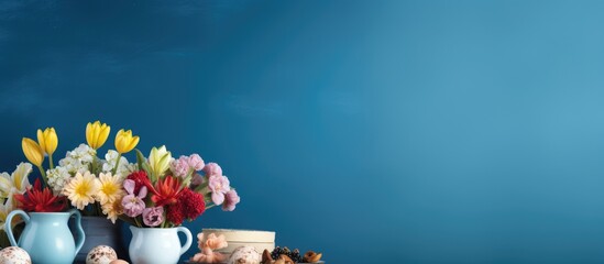 Aufkleber - Copy space image of table adorned for Easter celebration placed against a vibrant blue wall