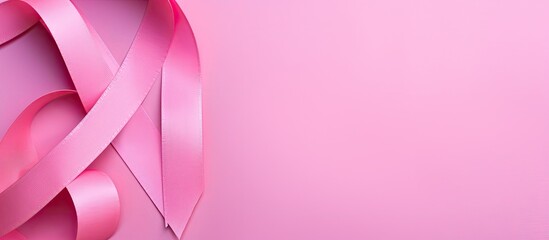 Poster - A copy space image of a cancer disease awareness symbol portrayed as a pink ribbon placed on top of a vibrant colored background in a flat lay composition