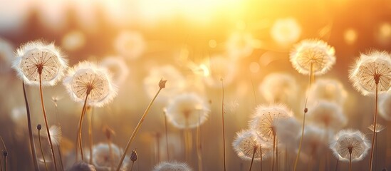 Poster - Copy space image of boho style atmospheric floral background featuring a close up view of white air dandelions illuminated by the rays of the setting sun creating a stunning display