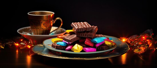 Poster - Copy space image of chocolate candies wrapped in vibrant foil arranged on a plate alongside a steaming cup of coffee on a dark background