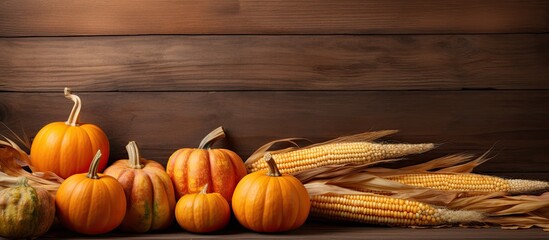 Poster - Copy space image of Thanksgiving Day with ripe orange pumpkins wheat and corn displayed against a rustic brown wooden backdrop