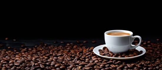 Poster - A copy space image of a white coffee cup placed on a dark background alongside scattered coffee beans