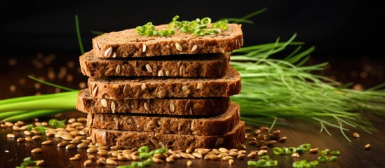 Poster - A copy space image of crispy flax bread which are gluten free healthy raw vegan and vegetarian snacks made with flax seeds green buckwheat seeds and green onions
