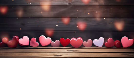 Sticker - A copy space image of wooden background decorated with hearts for Valentine s Day or Mother s Day