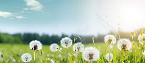 Fototapete - A copy space image of white fluffy dandelions blossom in a green field creating a beautiful natural backdrop