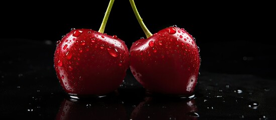 Poster - A copy space image of a cherry with dew drops placed on a black tabletop