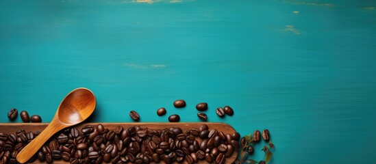 Poster - A copy space image featuring a wooden board adorned with a spoon of body scrub and coffee beans placed against a vibrant color background