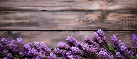 Sticker - The copy space image features lavender flowers in shades of deep purple or lilac set against a weathered wooden background