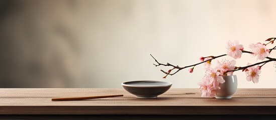 Poster - A copy space image featuring chopsticks placed on a wooden table alongside a sakura bowl