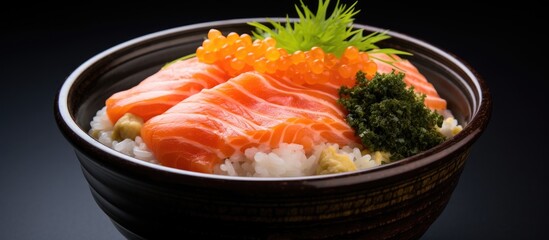 Aufkleber - A copy space image featuring a salmon donburi with sliced raw salmon placed on top of cooked rice and accompanied by salmon roe