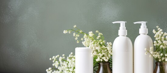 Poster - Copy space image featuring fancy healthcare bottles for serum micellar tonic toner lotion water and cream adorned with a delicate gypsophila branch illustrating a natural organic spa cosmetics concep