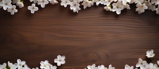 Poster - A copy space image featuring a frame of white flowers on a wooden brown background providing a template with a designated spot for text