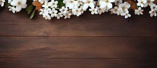 Aufkleber - A copy space image featuring a frame of white flowers on a wooden brown background providing a template with a designated spot for text