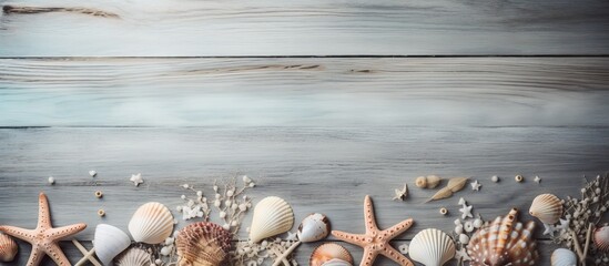 Poster - A copy space image featuring sea themed decorations and shells arranged on a rustic wooden background