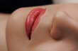 Tattoo permanent makeup on red lips woman