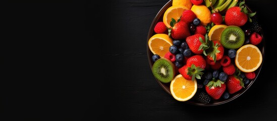 Aufkleber - A copy space image of a bowl of fresh organic fruits can be seen from a top view against a dark background