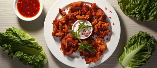 Poster - Copy space image of fried sun dried pork and green cabbage leaves arranged in a white plate accompanied by a small bowl of hot chili sauce viewed from the top on a dining table