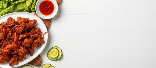 Poster - Copy space image of fried sun dried pork and green cabbage leaves arranged in a white plate accompanied by a small bowl of hot chili sauce viewed from the top on a dining table