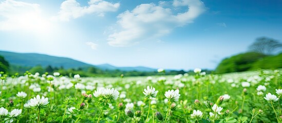 Poster - Copy space image of white clover in full bloom in a picturesque field
