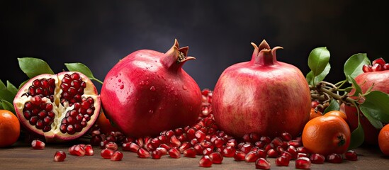 Poster - Copy space image of a garnet fruit punica granatum with whole pomegranates in the background isolated on a light backdrop