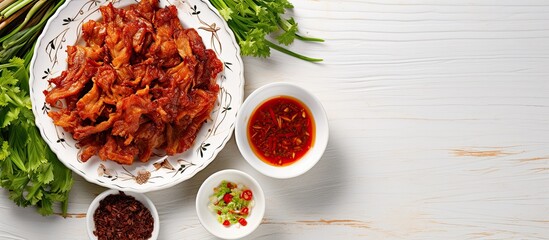 Poster - Copy space image of fried sun dried pork and green cabbage leaves arranged in a white plate accompanied by a small bowl of hot chili sauce viewed from the top on a dining table