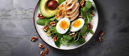 Poster - Copy space image of a keto friendly meal consisting of avocado slices grilled chicken quail eggs spinach and walnuts This high fat clean eating recipe is ideal for weight loss The close up top view c