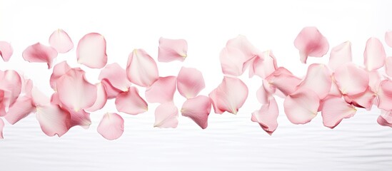 Aufkleber - Image of pink rose petals gracefully floating in the air against a pristine white backdrop with ample copy space