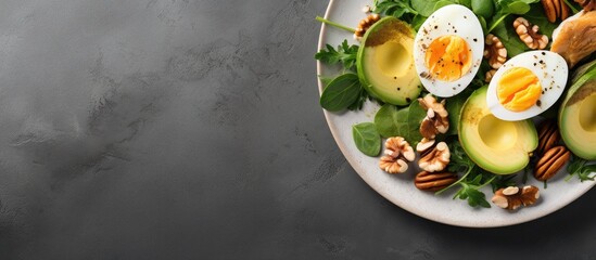 Poster - Copy space image of a keto friendly meal consisting of avocado slices grilled chicken quail eggs spinach and walnuts This high fat clean eating recipe is ideal for weight loss The close up top view c