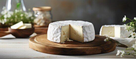 Poster - A copy space image of homemade franch cheese displayed on a rustic wooden plate with a soft light background