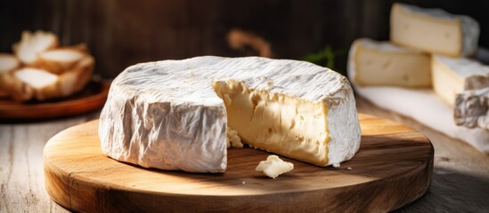 Poster - A copy space image of homemade franch cheese displayed on a rustic wooden plate with a soft light background