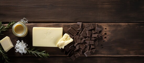 Poster - Copy space image of homemade cosmetics made with cocoa butter displayed on a dark grey wooden background viewed from the top