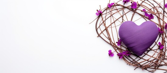 Wall Mural - Above the flat lay image there is a purple heart shaped rattan placed in isolation on a white background with ample copy space