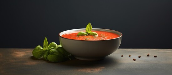 Sticker - Closeup copy space image of a homemade tomato soup bowl on a grey background offering room for text