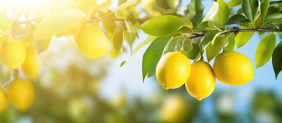 Poster - Copy space image of a lemon tree s horizontal branches filled with ripe lemons on a sunny day