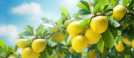 Poster - Copy space image of a lemon tree s horizontal branches filled with ripe lemons on a sunny day