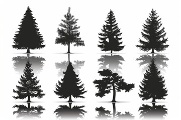 Black vector pine tree icons set on white background, collection of simple symbols for nature concept design. Flat illustration with reflection and shadow effect