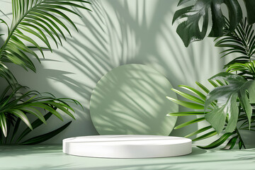 3d background products display podium scene with palm leaf geometric platform podium or pedestal display. Generative Ai.