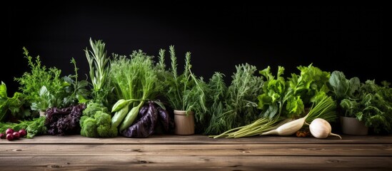 Poster - The copy space image showcases an arrangement of garden fresh herbs on a rustic wooden table