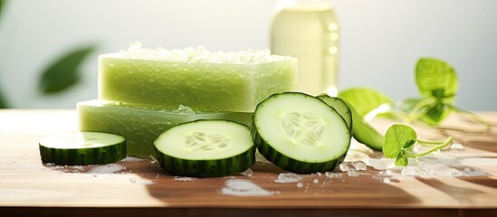 Aufkleber - A copy space image that showcases sliced cucumber placed alongside soap creating a home body care concept focused on cucumber This concept highlights treatments involving cucumber soap for personal c