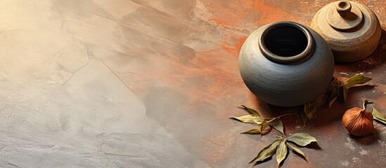Poster - A flat lay image showcasing a calabash bombilla and a jar of mate tea leaves placed on a tiled table The composition leaves room for text. Creative banner. Copyspace image