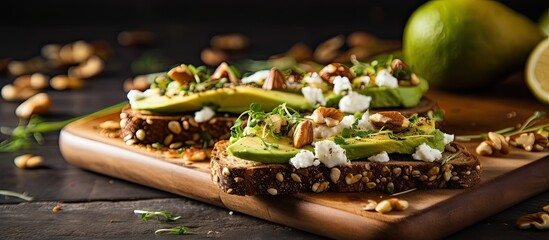 Poster - A healthy copy space image showcasing avocado toasts made with rye bread sliced avocado eggs cottage cheese pumpkin seeds and a mixture of nuts and sesame seeds Ideal for either breakfast or lunch th
