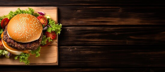 Poster - The image shows a burger from a top view on a wooden table accompanied by a black tray offering ample empty space for creative purposes