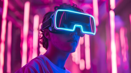 Wall Mural -  young emotional people on multicolored background in neon light. Concept of human emotions, facial expression, sales. Smiling, playing videogames with VR-headset, modern