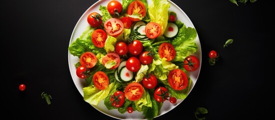 Wall Mural - Copy space image of a top view plate with a diet salad composed of a fresh mix of lettuce and tomatoes