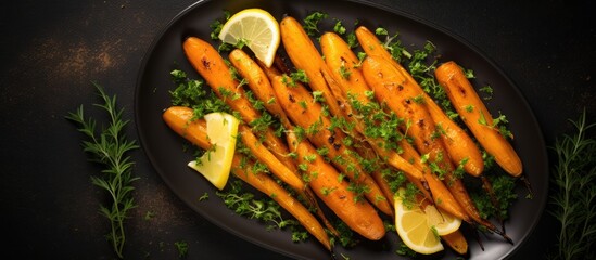 Poster - Copy space image of top view baked organic carrots with thyme honey and lemon showcasing a delectable vegan dish