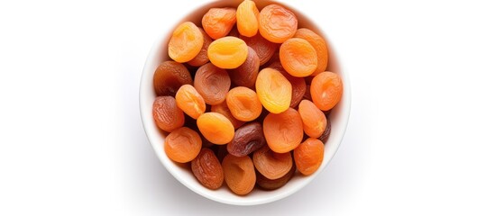 Aufkleber - Copy space image of a top view bowl filled with dried apricots on a white background offering a healthy and nutritious fruit option
