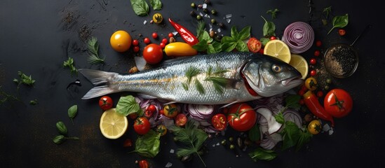 Poster - Copy space image of a top view of a healthy dish featuring dorado a raw fish stuffed with nutritious vegetables