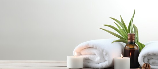 Poster - Copy space image of spa treatment products on a white paper background providing ample room for text